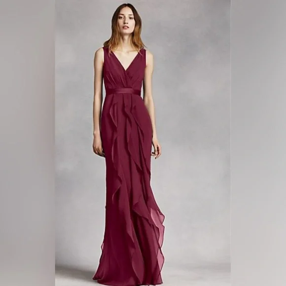 WHITE BY VERA WANG Womens Dress Chiffon Gown Size 8 Red Ruffles Wrap Bust Belted - Picture 2 of 13